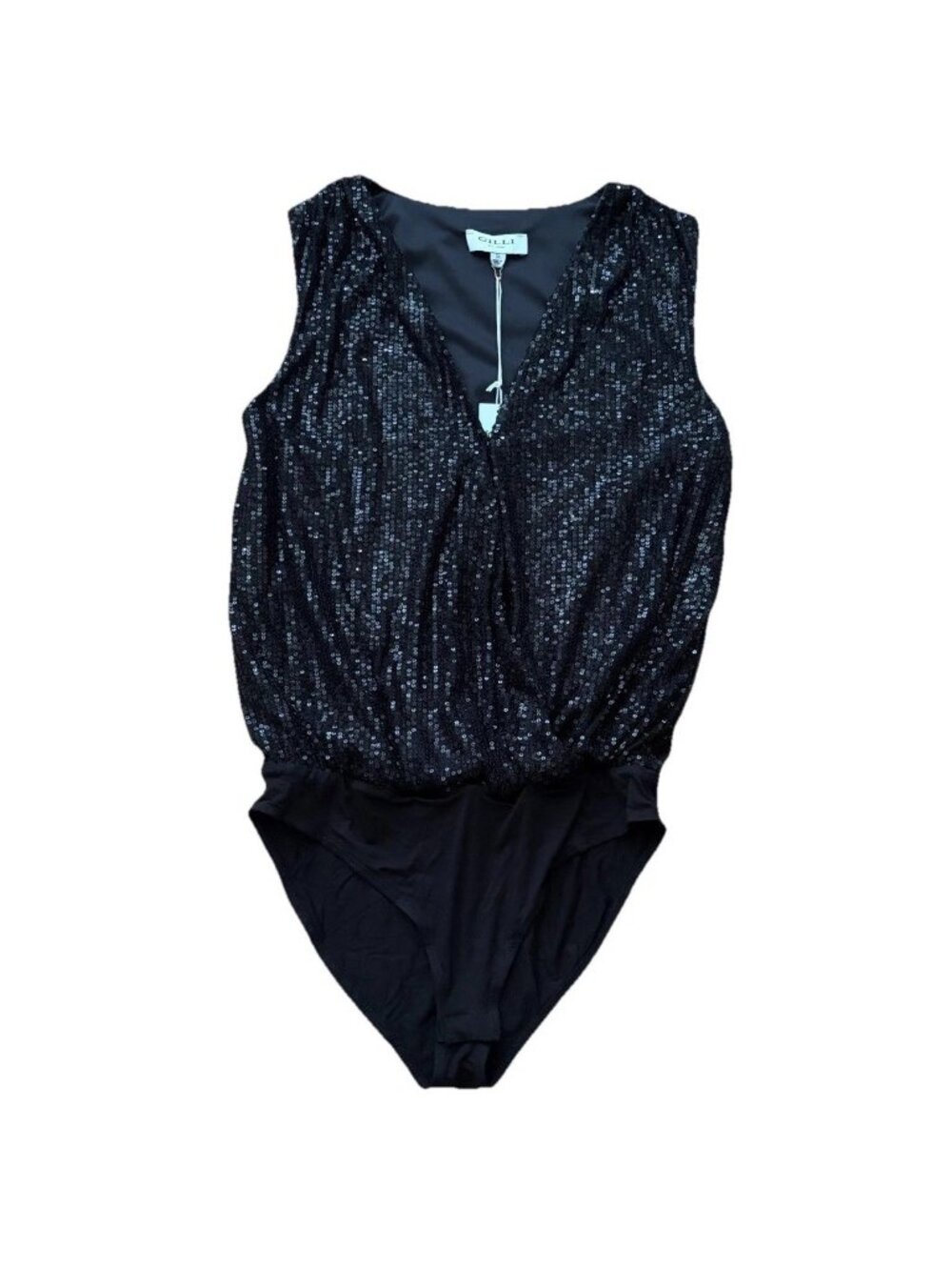 Gilli Sequin Sleeveless Black Faux Wrap Bodysuit Small Top Cocktail NWT